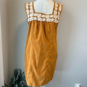 NWT Antropologie Mustard Tan Lace Trimmed Shift Mini Cottagecore Dress SZ S